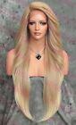 Light Blonde Ombre Extra Long Full Straight Lace Front Human Hair Blend Wig EVFA