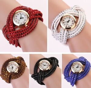 New Fashion Women Crystal Multilayer Leather Bracelet Quartz Analog Wrist Watch