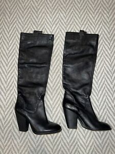 Womens Leather Boots Thick Heel Size 9 Size 39 Black Wide Leg Fall Winter