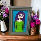 Stitches Purple Hair Girl Big Eyes Ooak Framed Painting Acrylic And Ink Gothic