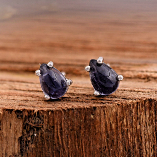 Cabochon Blue Iolite Studs Earrings In 925 Sterling Silver Handmade Earrings.