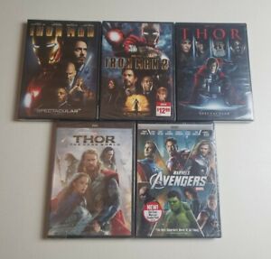 Marvel DVD Movie Lot Of 5, Iron Man 1, 2, Thor 1, 2, And The Avengers All New