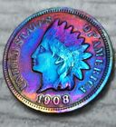 1908 Indian Head Cent Penny Rainbow Toned Neon Colors XF US Coin 1C Full Liberty
