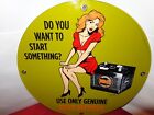 11 1/2 in DELCO BATTERY SIGN HEAVY METAL PORCELAIN SEXY LADY ON BATTERY # 939