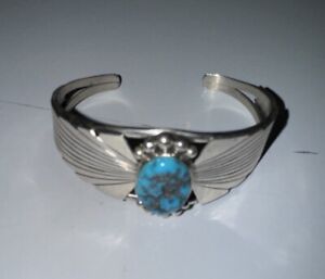 Vintage Hand Stamped Turquoise Silver Cuff Bracelet Native American Old Pawn