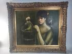 Antique  Oil Painting  Woman Holding A Bird In A Cage.Frame Is Made In Belgium.