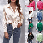 Womens Long Sleeve Satin Silk Lapel Shirts Ladies Office OL Button Blouse Top *