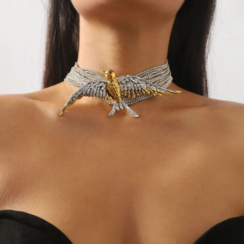 New Vintage Multi-layered Rhinestone Bird Swallow Choker Necklace Earring