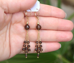 Gorgeous 14K Solid Yellow Gold Natural Faceted Smoky Quartz Dangle Drop Earrings