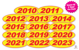 Oval Model Years Vinyl Car Window Stickers (Red/Yellow) (12 of 1 Year Per Pack)