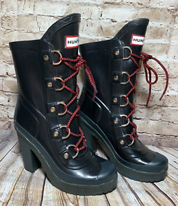Hunter Womens Gabby Lapin Rain Snow Boot Size 5 Black Lace Up High Heel Platform
