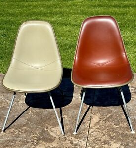 Two Vintage 1972 Eames / Herman Miller Upholstered Naugahyde Shell Side Chairs