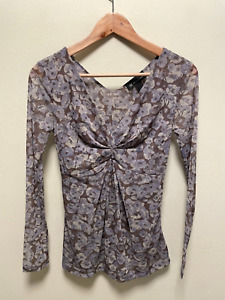 INC Womens Babydoll Top Size Small Gray Floral Mesh Stretch Sheer Cinch Fairy