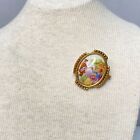 Limoges Scenic Brooch Hand Painted Porcelain Cameo In Gold Tone Frame Serenate