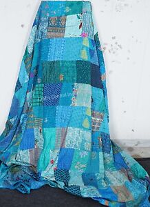 Indian Vintage Silk Handmade Patchwork Kantha Quilt Bedspread Blanket Throw