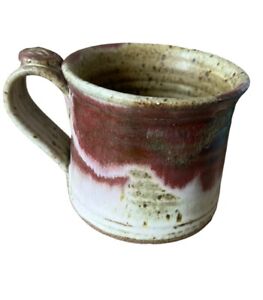 VTG Signed Handmade Art Studio Pottery Thrown Mug Burgundy White Swirled 8oz