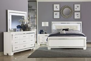 NEW Queen King Full 4PC White Light LED Bedroom Set Modern Furniture Bed/D/M/N