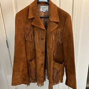 Vintage Pioneer Wear Western Hippie Fringe Suede Leather Jacket Mens Size 42