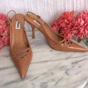 DUNES SZ 35 US 5 tan leather high heel strappy dress shoes w/ pointed toe 3.25