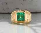 2Ct Natural Green Emerald 14k Real Yellow Gold Mens Ring