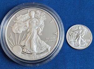 Proof Silver Eagle - 2020 W - NO BOX - with small 1/10th ounce small coin -view