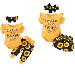 3pcs Newborn Baby Girl Sunflower Clothes Romper Tops Short Pants Headband Outfit