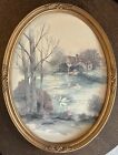 F Massa Watercolor Swan Lake Cabin Painting, Oval Antique With Golden Frame