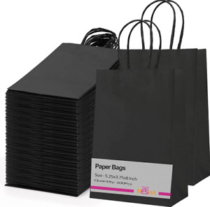 100 Pcs Paper Gift Bags 5.25x3.75x8 Black Small Paper Bags w Handles Bulk Black
