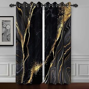 Black and Gold Marble Blackout Curtains Art Fluid Modern Gold Design 31Wx72H