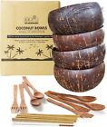 Set of 4 Coconut Bowls with Spoons, Forks, Straws, and brush Smoothie, Vegan, Bu