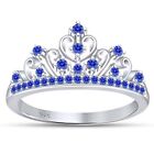 Round Cut Blue Sapphire Princess Crown Ring 14K White Gold Plated 925 Silver