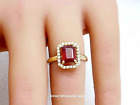 2.88Ct Genuine Mined Ruby And Diamond Ring In Solid  14K Yellow Gold, Halo