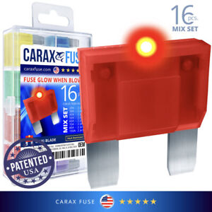 CARAX Glow Fuse - MAXI Blade - Mix Kit 16 pcs - Glow When Blown LED Automotive