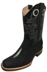 Mens Stingray Cowboy Boots Print Leather Black Square Toe CR722