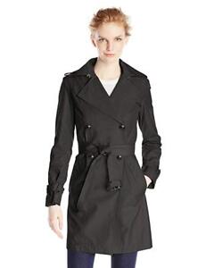 Cole Haan Women's Double Breasted Trench Coat with Hood, Black, Large