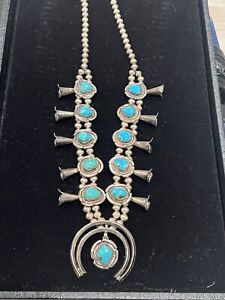 Vintage Native American Squash Blossom Silver Turquoise Necklace NOS Tags 70s