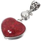 925 Silver Red Coral Heart Biwa Freshwater Pearl Sterling Pendant, 1 3/4