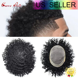 US 20mm Deep Curl Afro Wavy Toupee for Black Men Durabl Mono Lace Human Hair Wig
