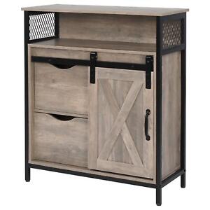 Floor Storage Cabinet with 2 Adjustable Drawers & Barn Doors Standing Cupboard