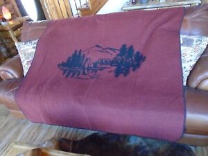 Wooded River Throw Blanket Wool Blend USA Red Black Cabin ScenePattern 72
