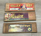 New ListingThree Vintage Wood Side Boards Box Crate Fruit Advertising Labels Kitchen Rustic