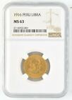 1916 Peru Una Libra Gold Coin NGC Certified MS 63 KM# 207 South American Lima