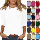 Womens Tops T Shirt Casual O-Neck Three Quarter Sleeve Solid Color Blouse Tunic