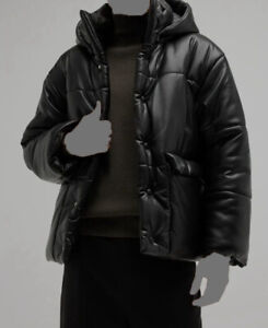 $995 Nanushka Men's Black Faux Leather Hooded Oversized Puffer Jacket Size S