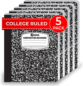 College Ruled Composition Notebooks 5 Pack, 200 Pages (100 Sheets), 9-