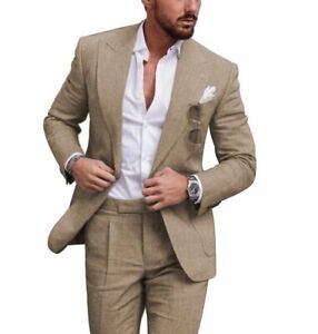 Linen Summer Men Suits for Wedding Groom Tuxedos Casual Beach  Suit Set