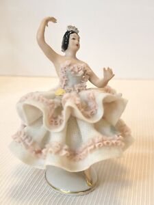 New ListingDresden Porcelain Ballerina White W/ Pink Lace Figurine Dancer Crown N Mark