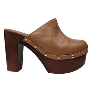 Bamboo Platform Mules Brown Faux Leather Studded 4