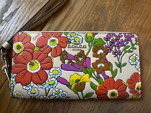 Coach Long Zip Around Wallet Wristlet Floral Ivory Coral Embossed Leather NWT