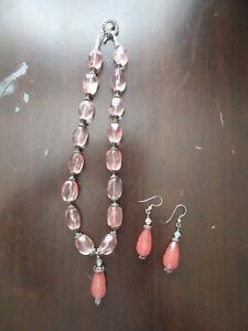 Handmade Rose Quartz and Sterling Silver Beading Necklace and Earring Set